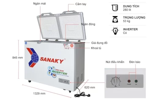 Tủ đông 2 ngăn đông và mát inverter Sanaky VH-4099W4K (280 lít, nắp kính xám)