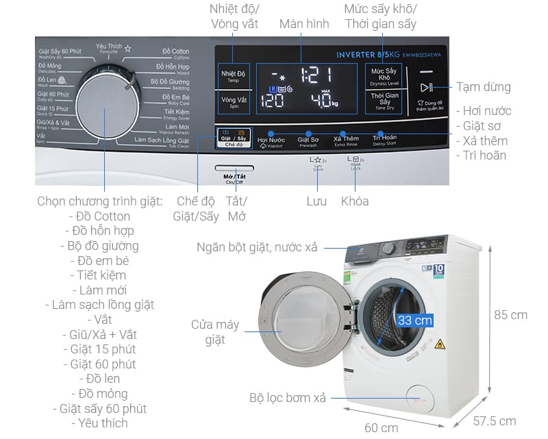 Máy giặt sấy Electrolux Inverter 8 kg EWW8023AEWA