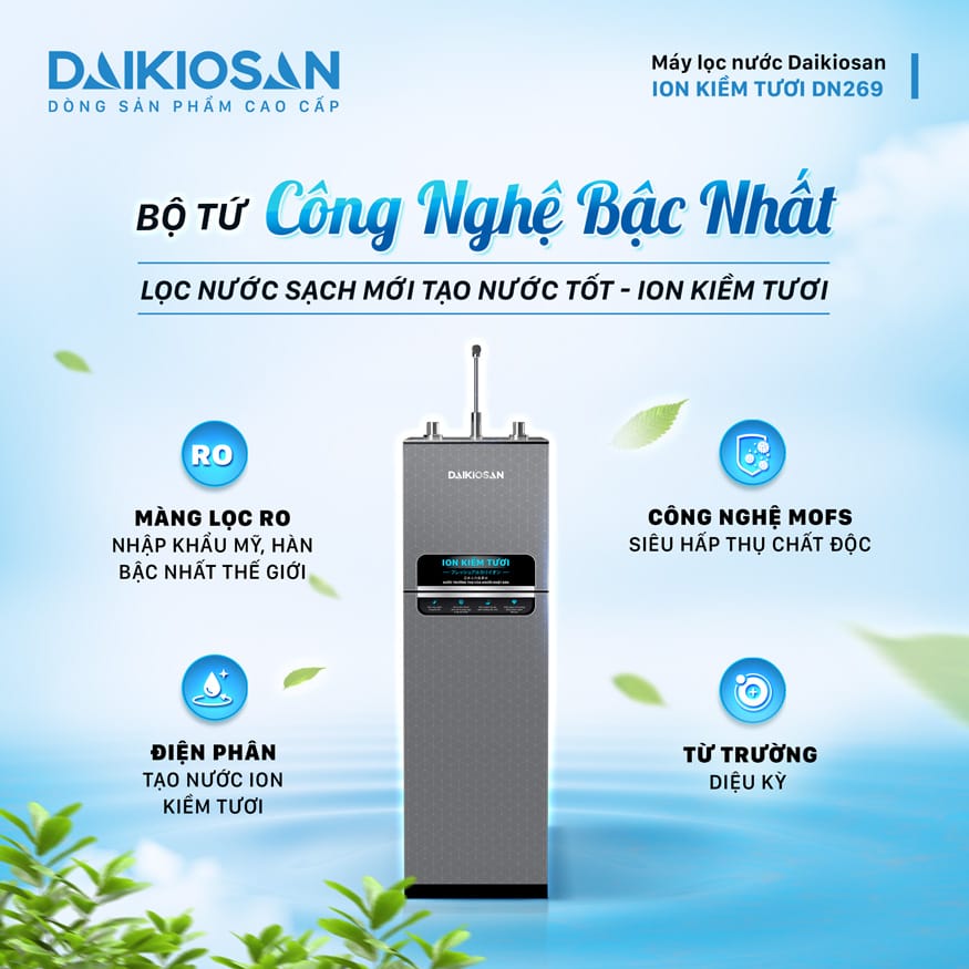 Máy lọc nước ion kiềm tươi Daikiosan nóng nguội DN269 ứng dụng bộ tứ công nghệ bậc nhất