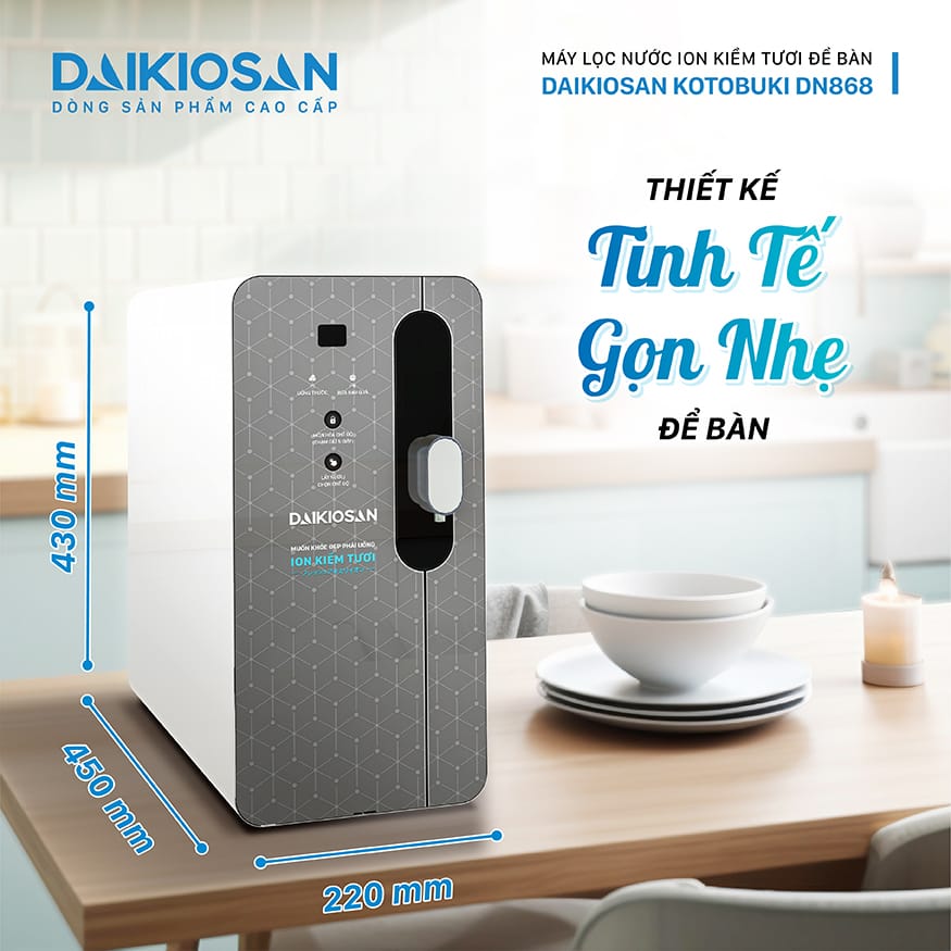 Máy lọc nước ion kiềm tươi để bàn Daikiosan DN868 có thiết kế tinh tế, nhỏ gọn