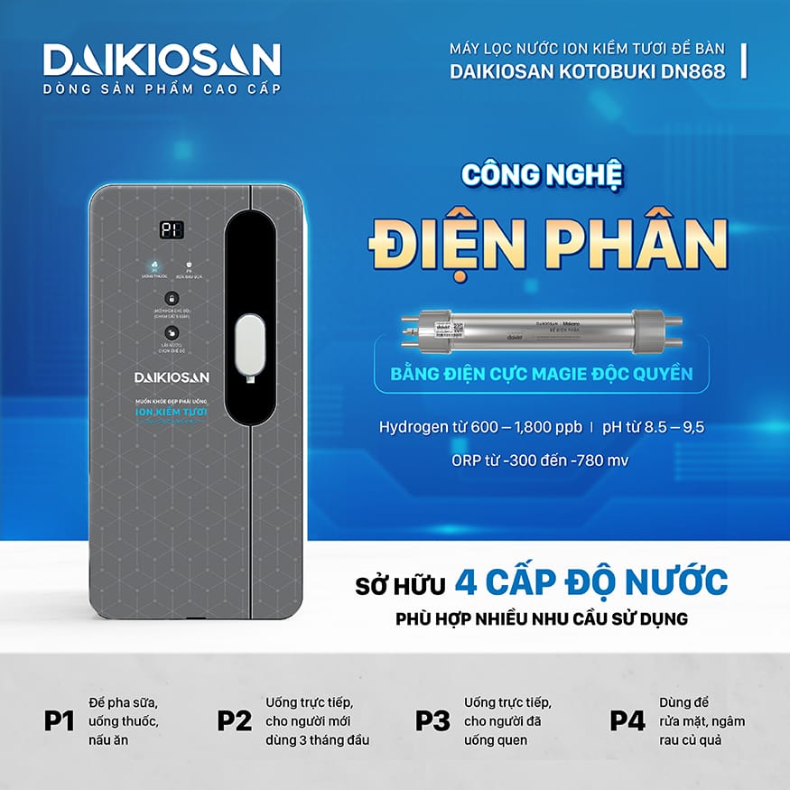 Máy lọc nước ion kiềm tươi để bàn Daikiosan DN868 có dải pH rộng đáp ứng mọi nhu cầu