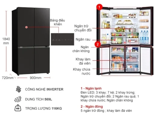 Tủ Lạnh Hitachi WB640VGV0 GMG Inverter 569 Lít