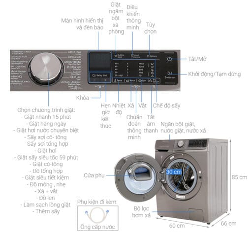 Máy giặt sấy Samsung AddWash Inverter 10.5 kg WD10N64FR2X/SV